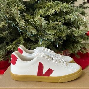 Veja White Sneakers with Red V and Gum Sole
